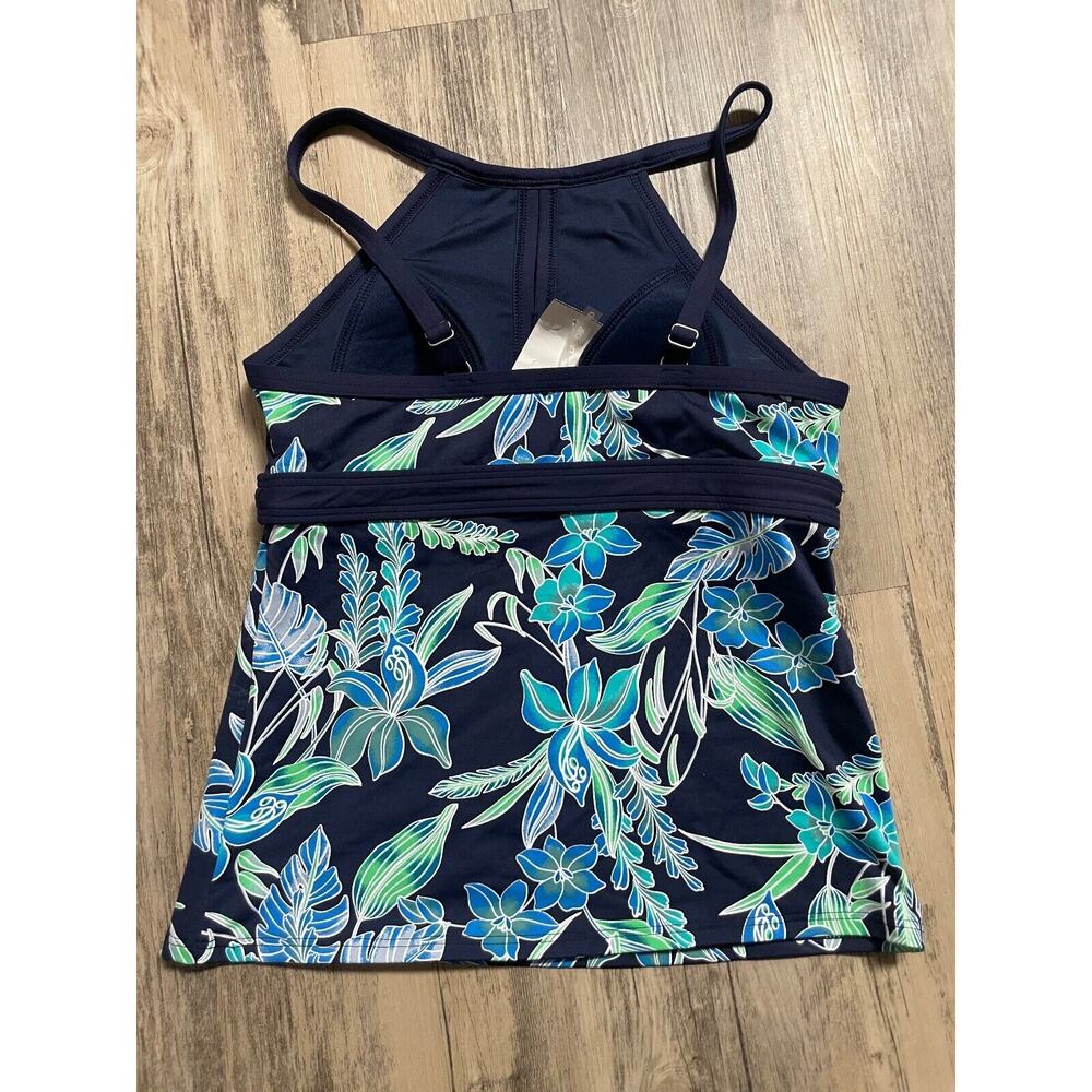 Lands End 2P Petite High Neck Keyhole Tankini Top Navy Tropical Floral Wirefree - Picture 3 of 4